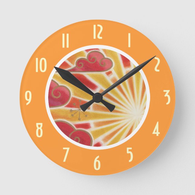 Horloge Ronde Heure 'Numéros' du coucher de soleil orange arrond (Recto)