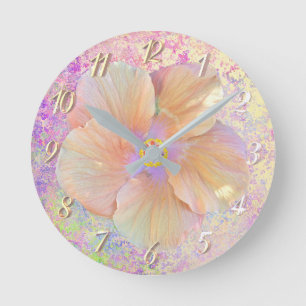 Horloge Ronde Hibiscus fleur tropicale iridescente or rose migno