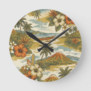 Horloge Ronde Hibiscus Island Hawaiian Scenic - Or et Orange