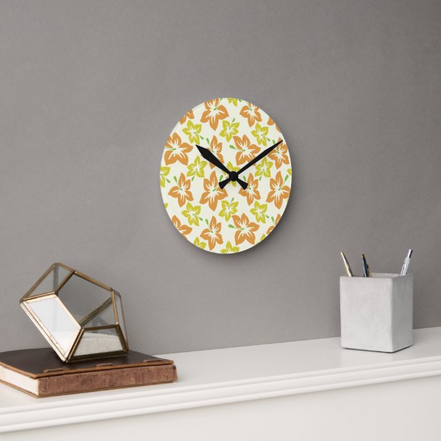 Horloge Ronde Hibiscus Jaune, Hibiscus Orange, Modèle Floral (Bureau)
