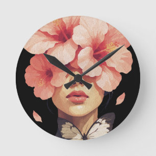Horloge Ronde Hibiscus & Papillon – Floral Botanique Moderne