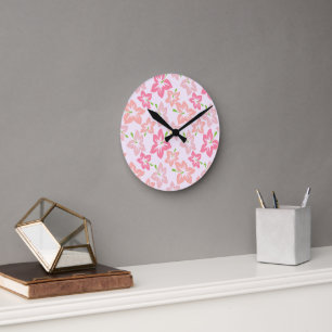 Horloge Ronde Hibiscus Rose, Fleurs Roses, Motif De Fleurs
