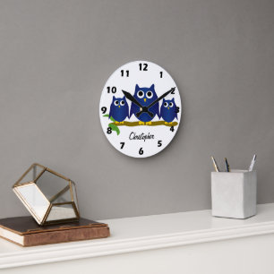 Horloge Ronde Hiboux Bleus Conception Personnalisée
