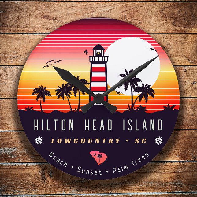 Horloge Ronde Hilton Head phare SC Retro Sunset Souvenirs (Créateur téléchargé)