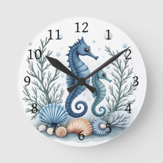 Horloge Ronde Hippocampe bleu