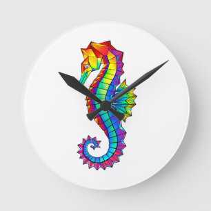 Horloge Ronde Hippocampe polygonal arc-en-ciel