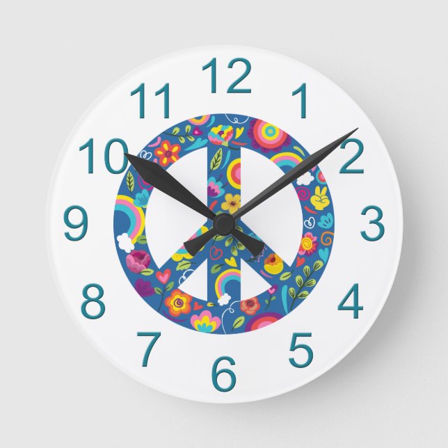 Horloge Ronde Hippy 60s Boho Peace Sign Round Clock (Recto)