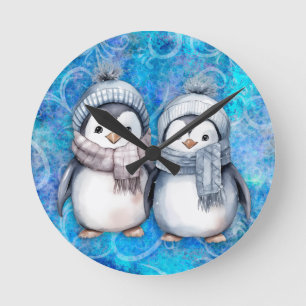 Horloge Ronde Hiver Bleu Aquarelle Pingouins Écarts Casquette