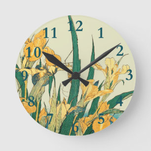 Horloge Ronde Hokusai grasshopper et iris Japon