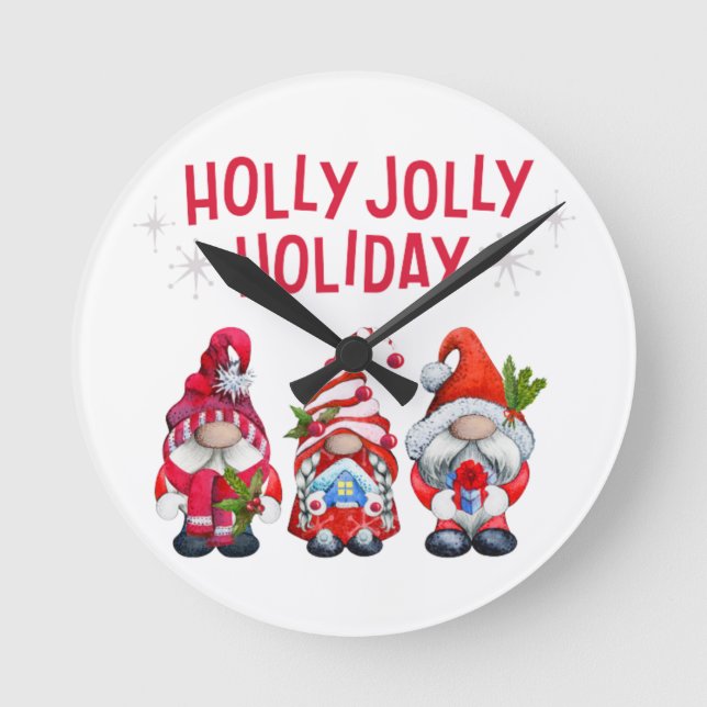 Horloge Ronde Holly Jolly Gnomes Noël fantastique (Recto)