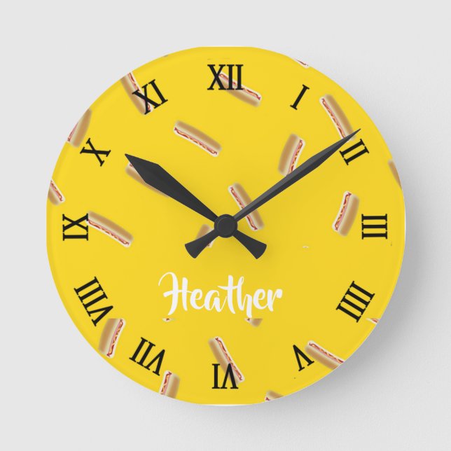Horloge Ronde Hot dog pattern on yellow (Recto)