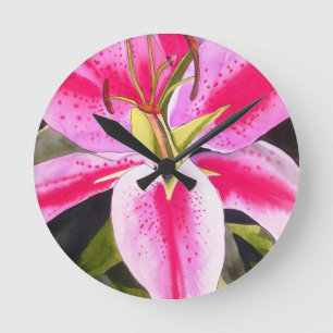 Horloge Ronde Hot pink lily Tenerife pop art watercolor flower