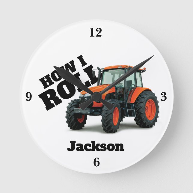 Horloge Ronde "How I Roll" avec Orange Farm Tractor (Recto)