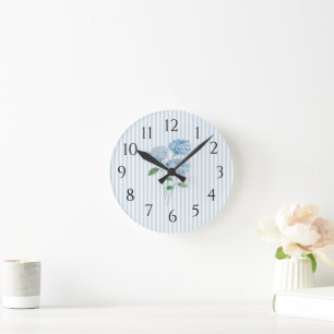 Horloge Ronde Hydrangea Rayure Bleue Décoration Côtière Prépa