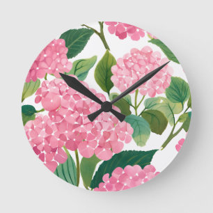 Horloge Ronde Hydrangea Rose Aquarelle Florale Côtière