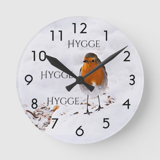 Horloge Ronde Hygge avec un joli Robin dans la neige (Recto)