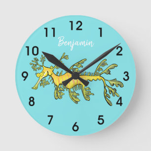 Horloge Ronde Illustration amusante de dragon de mer feuillu