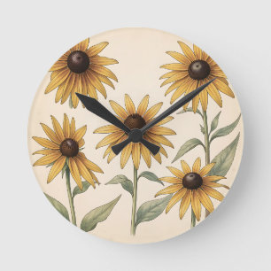 Horloge Ronde Illustration botanique de Rudbeckia jaune vintage