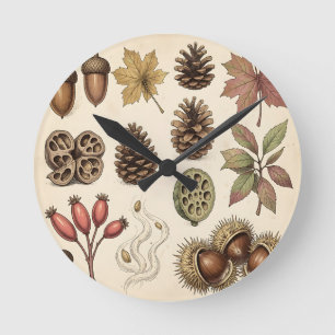 Horloge Ronde Illustration botanique vintage d'automne : glands,