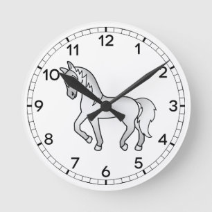Horloge Ronde Illustration de cheval au trot de dessin animé gri
