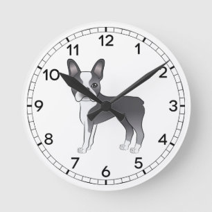 Horloge Ronde Illustration de chien Boston Terrier bleu et blanc