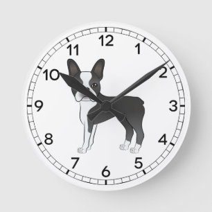 Horloge Ronde Illustration de chien Boston Terrier noir et blanc