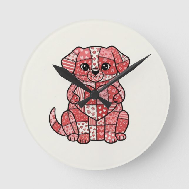 Horloge Ronde Illustration de chien en patchwork mignon avec cœu (Recto)