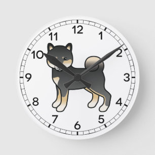 Horloge Ronde Illustration de chien Shiba Inu noir et feu de sty