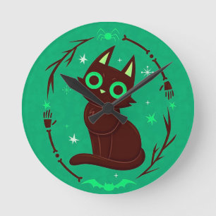 Horloge Ronde Illustration de dessin animé d'Halloween d'un chat