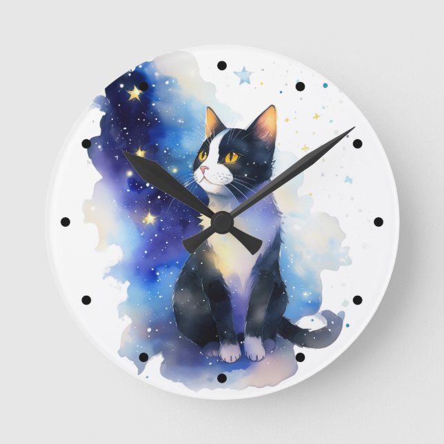 Horloge Ronde Illustration de l'aquarelle de chat Tuxedo adorabl (Recto)