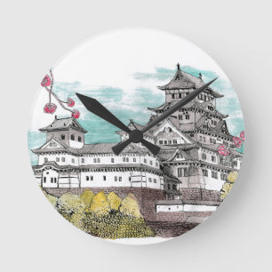 Horloge Ronde Illustration de l'aquarelle japonaise du château d