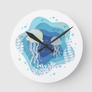 Horloge Ronde Illustration de méduses dans l'art du papier océan