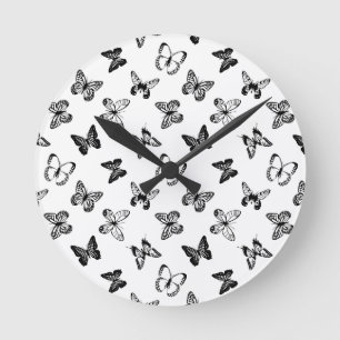 Horloge Ronde Illustration de papillon noir et blanc Blanc