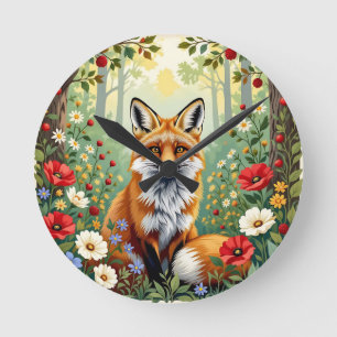 Horloge Ronde Illustration de renard dans une forêt de fleurs sa