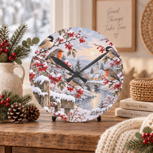 Horloge Ronde Illustration de village enneigé avec baies d'hiver