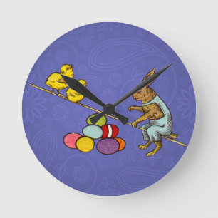 Horloge Ronde Illustration des oeufs de poulets lapins de Pâques