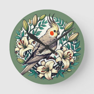 Horloge Ronde Illustration d'oiseaux de Cockatiel
