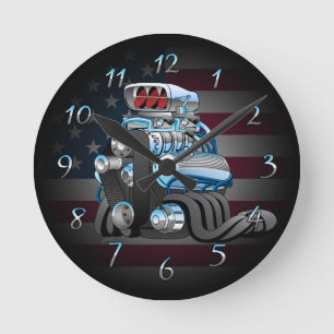 Horloge Ronde Illustration du dessin du moteur de course Hotrod