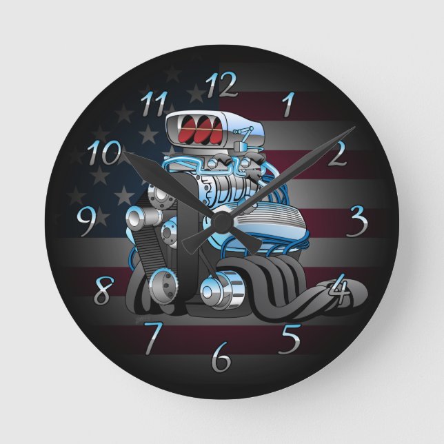 Horloge Ronde Illustration du dessin du moteur de course Hotrod (Recto)