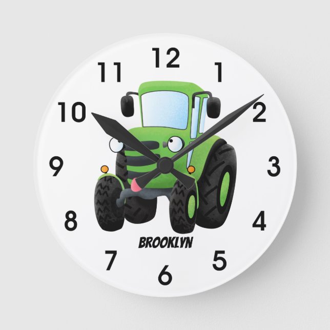 Horloge Ronde Illustration du joli joyeux tracteur agricole vert (Recto)
