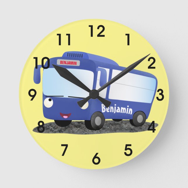 Horloge Ronde Illustration d'un bus moderne bleu mignon (Recto)
