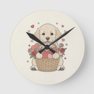Horloge Ronde Illustration d'un chiot mignon avec un panier de c