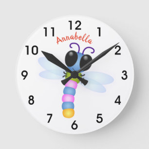 Horloge Ronde Illustration d'une libellule bleu et rose