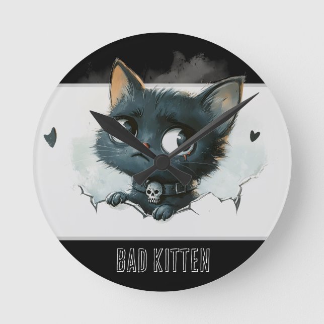 Horloge Ronde Illustration Edgy Kitten - Texte "Bad Kitten" (Recto)