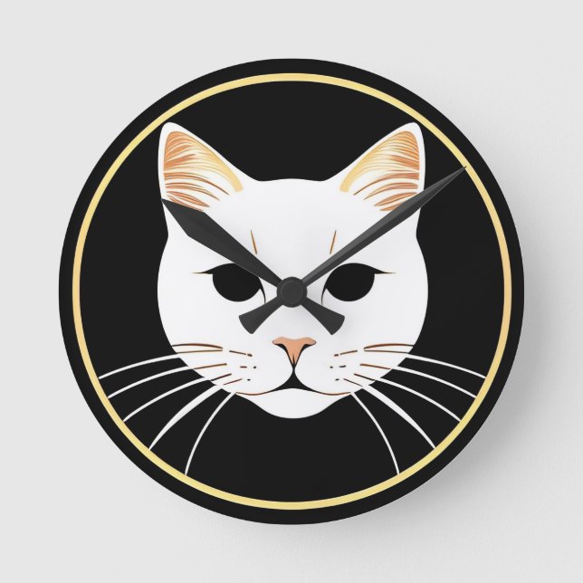 Horloge Ronde Illustration Élégante de Chat Blanc (Recto)