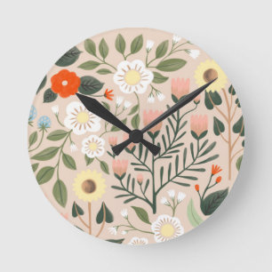 Horloge Ronde Illustration florale Brown Boho-Chic rose rustique