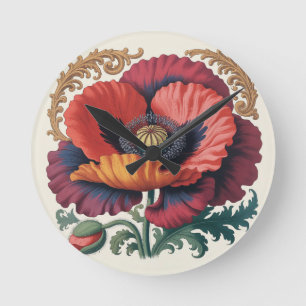 Horloge Ronde Illustration Florale Vintage Ornée aux Coquelicots