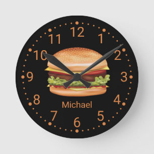 Horloge Ronde Illustration Hamburger Fast Food Avec Nom Personna