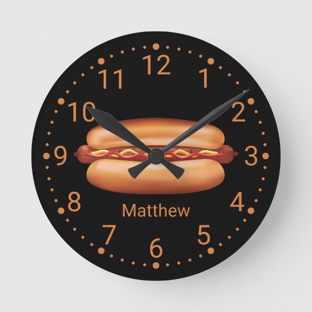 Horloge Ronde Illustration Hot Dog Fast Food Avec Nom Personnali (Recto)