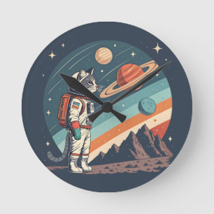 Horloge Ronde Illustration Rétro de Chat Astronaute dans l'Espac